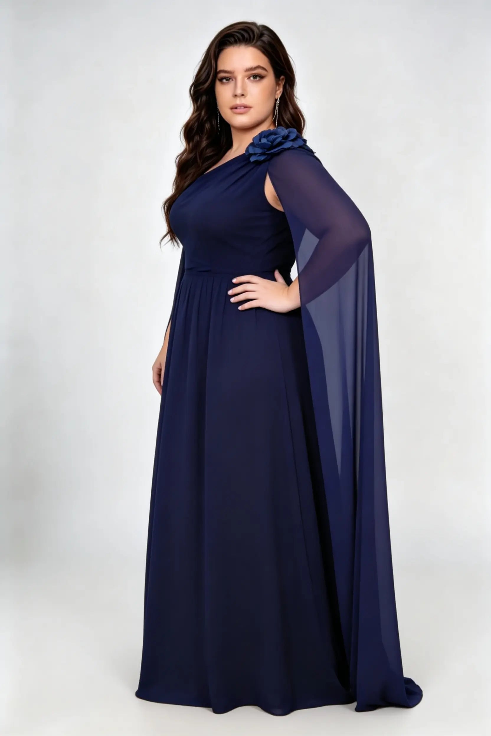 Plus Size Navy Blue One-Shoulder Chiffon Evening Gown with Cape Sleeves & 3D Floral Accents