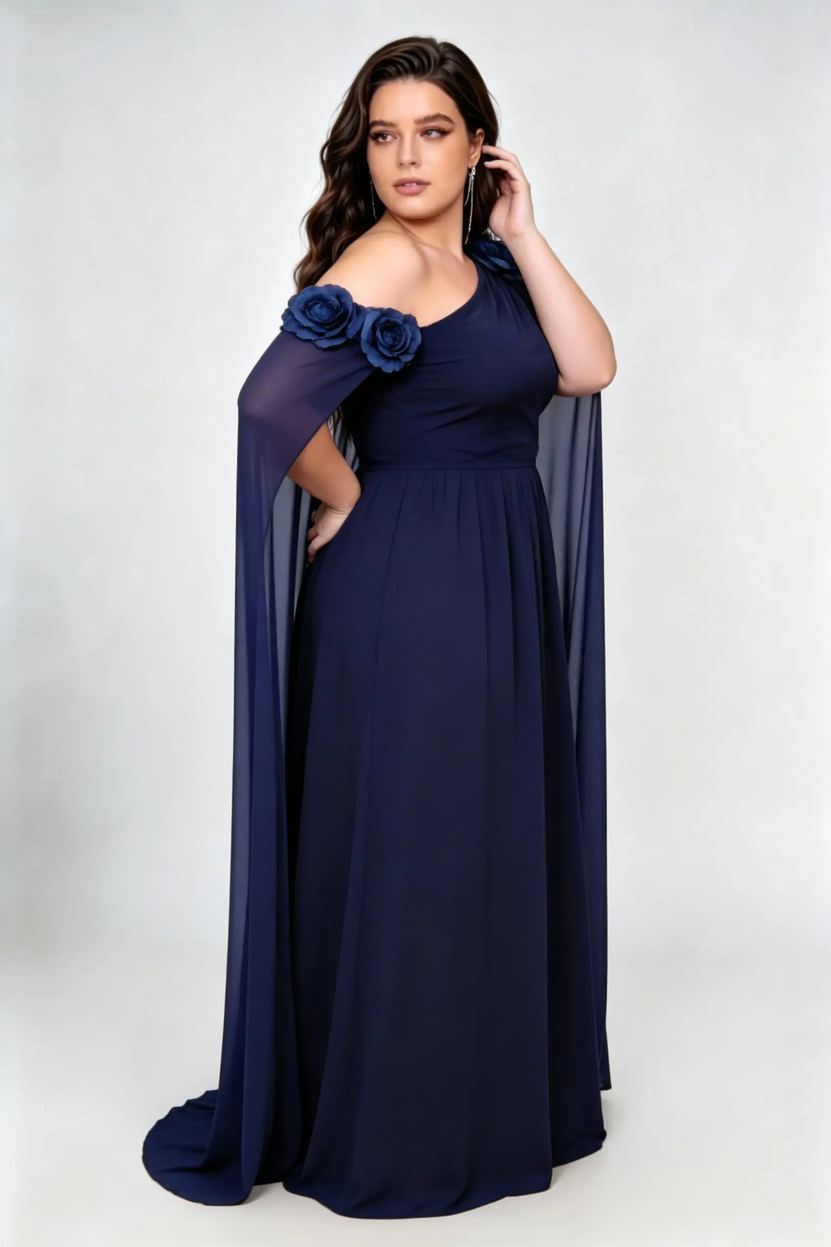 Plus Size Navy Blue One-Shoulder Chiffon Evening Gown with Cape Sleeves & 3D Floral Accents