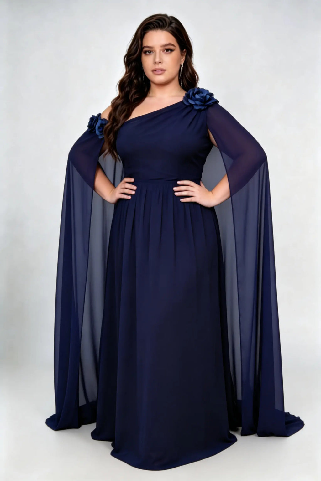 Plus Size Navy Blue One-Shoulder Chiffon Evening Gown with Cape Sleeves & 3D Floral Accents