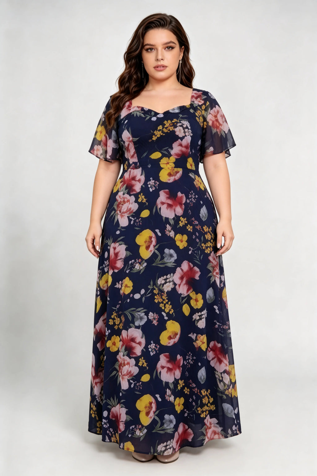 Plus Size Navy Blue Floral Print Maxi Dress with Sweetheart Neckline & Flutter Sleeves