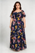 Plus Size Navy Blue Floral Print Maxi Dress with Sweetheart Neckline & Flutter Sleeves