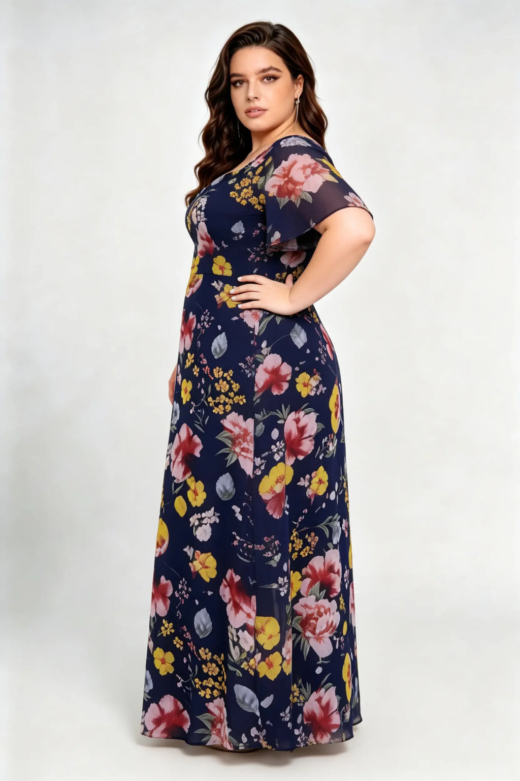 Plus Size Navy Blue Floral Print Maxi Dress with Sweetheart Neckline & Flutter Sleeves