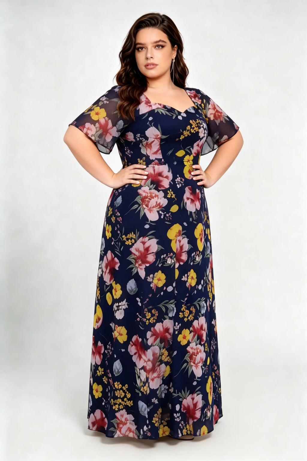 Plus Size Navy Blue Floral Print Maxi Dress with Sweetheart Neckline & Flutter Sleeves