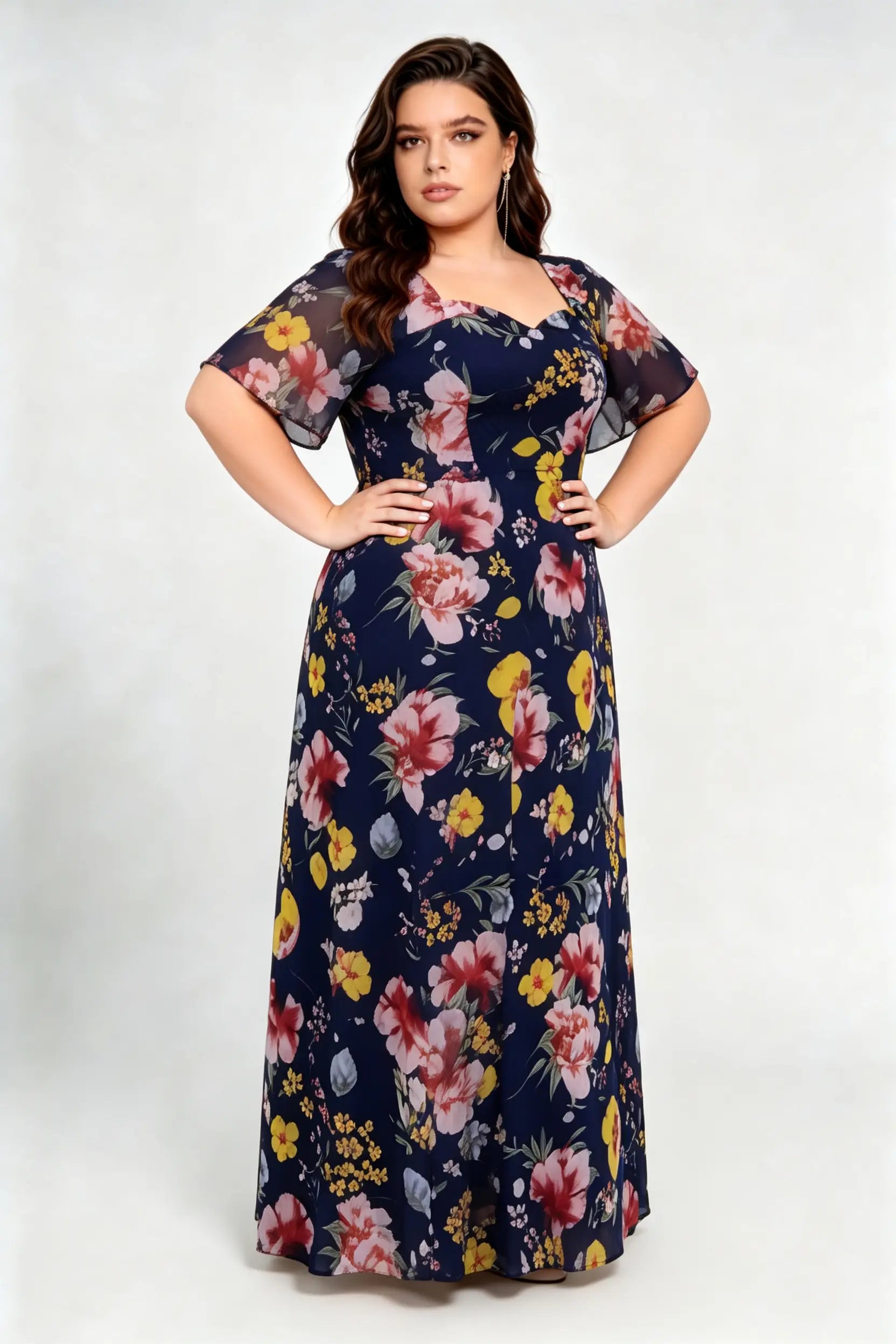 Plus Size Navy Blue Floral Print Maxi Dress with Sweetheart Neckline & Flutter Sleeves
