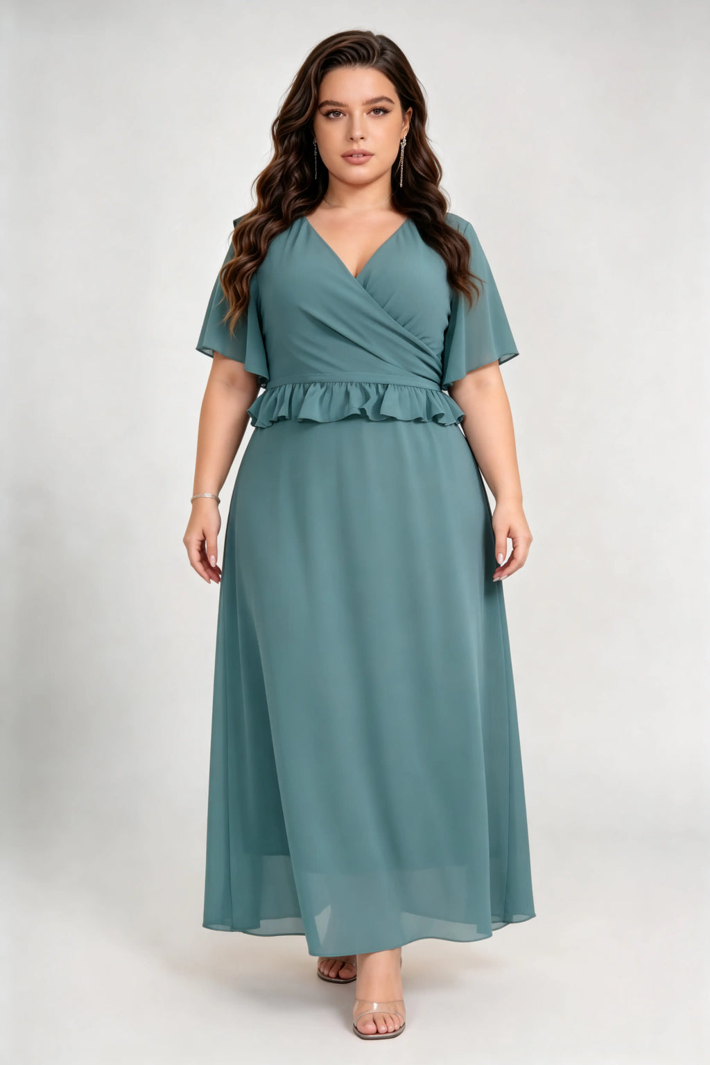 Plus Size Emerald Green Chiffon Maxi Dress with V-Neck, Flutter Sleeves & Peplum Waist