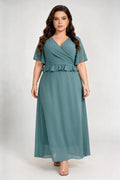 Plus Size Emerald Green Chiffon Maxi Dress with V-Neck, Flutter Sleeves & Peplum Waist