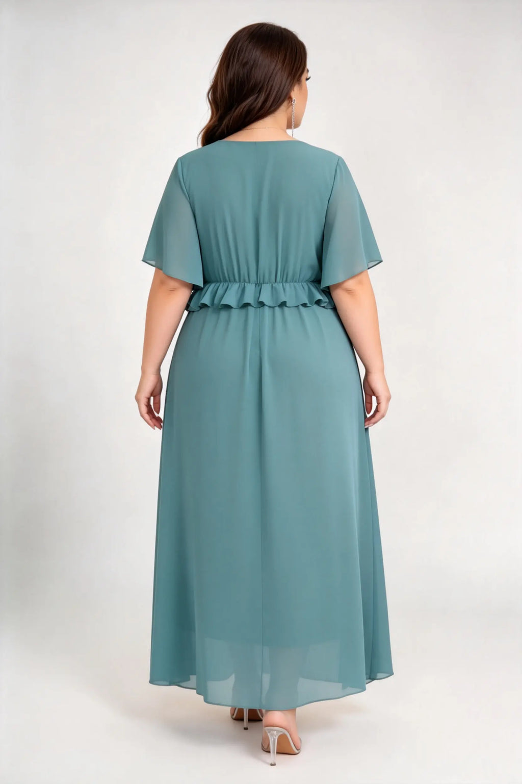 Plus Size Emerald Green Chiffon Maxi Dress with V-Neck, Flutter Sleeves & Peplum Waist