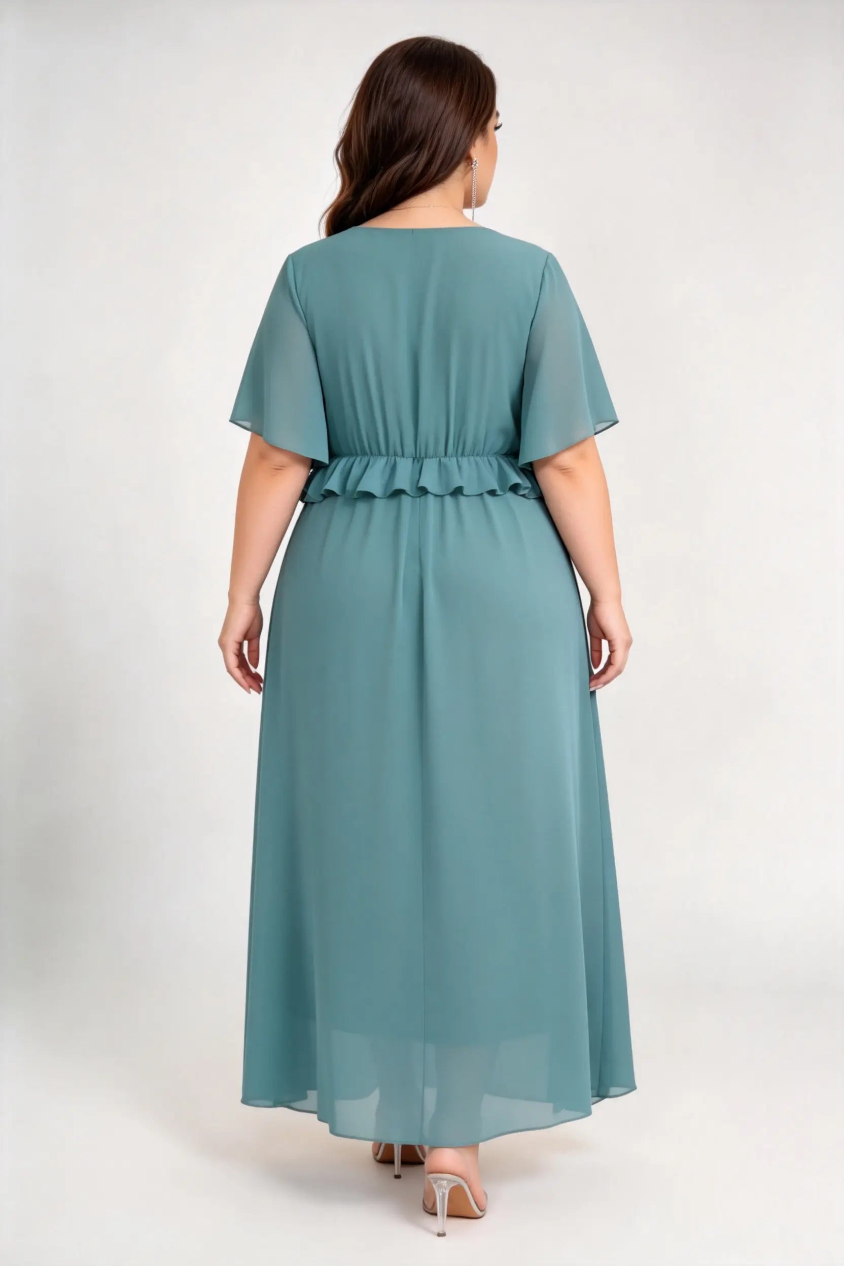 Plus Size Emerald Green Chiffon Maxi Dress with V-Neck, Flutter Sleeves & Peplum Waist