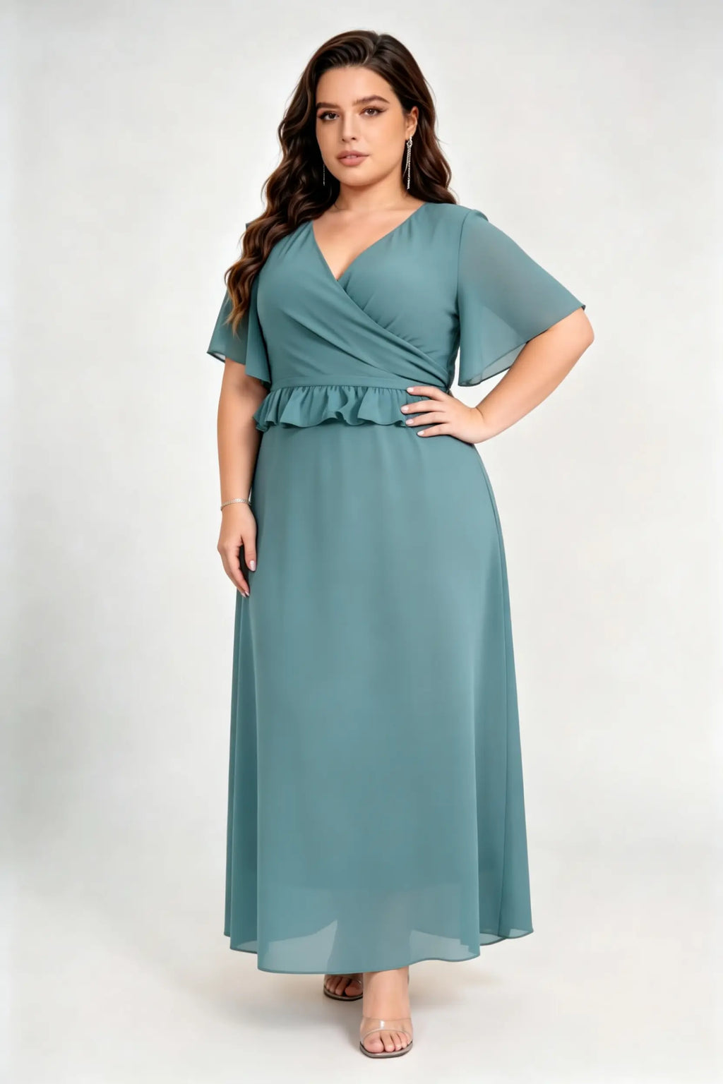 Plus Size Emerald Green Chiffon Maxi Dress with V-Neck, Flutter Sleeves & Peplum Waist