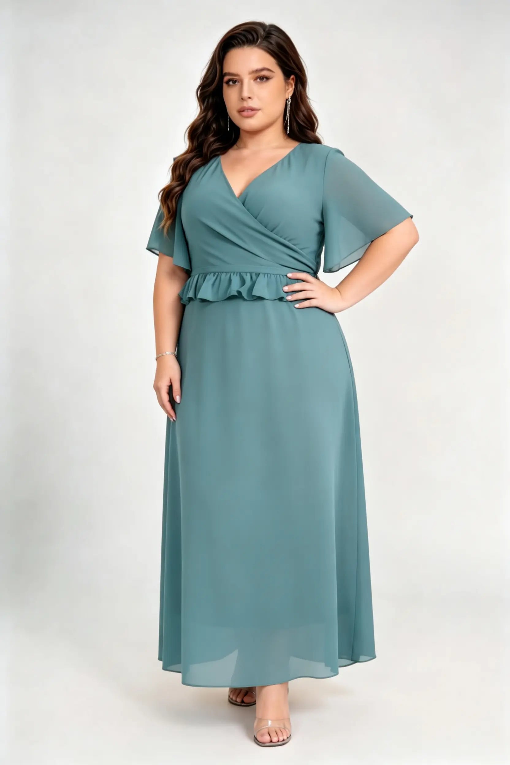 Plus Size Emerald Green Chiffon Maxi Dress with V-Neck, Flutter Sleeves & Peplum Waist