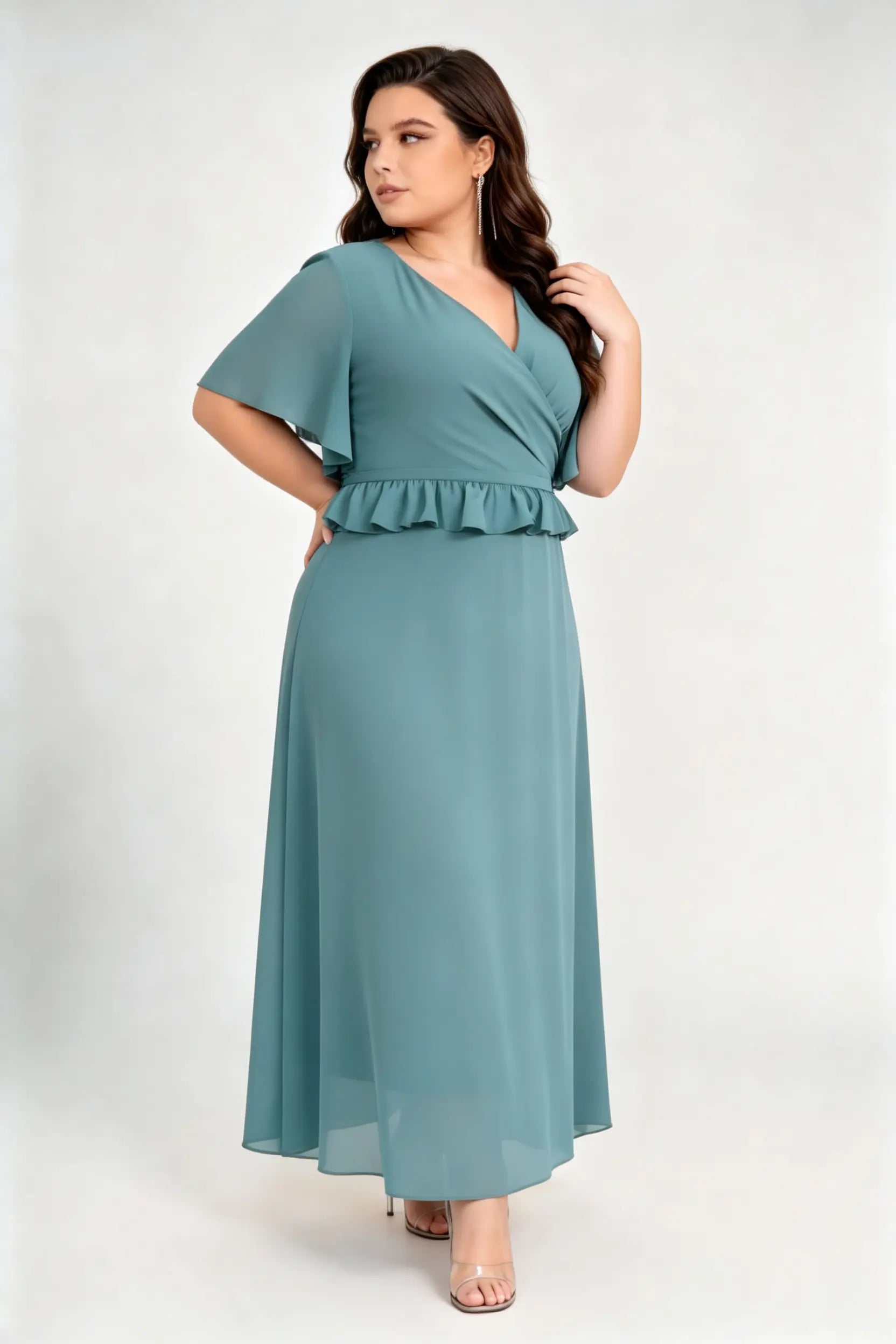 Plus Size Emerald Green Chiffon Maxi Dress with V-Neck, Flutter Sleeves & Peplum Waist