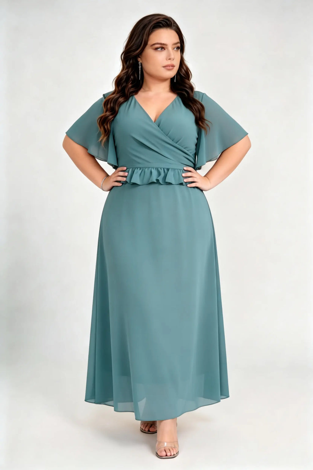 Plus Size Emerald Green Chiffon Maxi Dress with V-Neck, Flutter Sleeves & Peplum Waist
