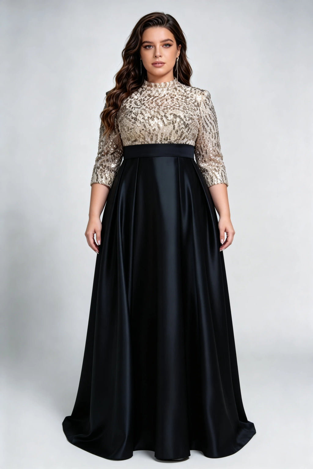 Plus Size Gold Sequin & Black Satin Evening Gown with High Neck & A-Line Skirt