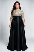 Plus Size Gold Sequin & Black Satin Evening Gown with High Neck & A-Line Skirt