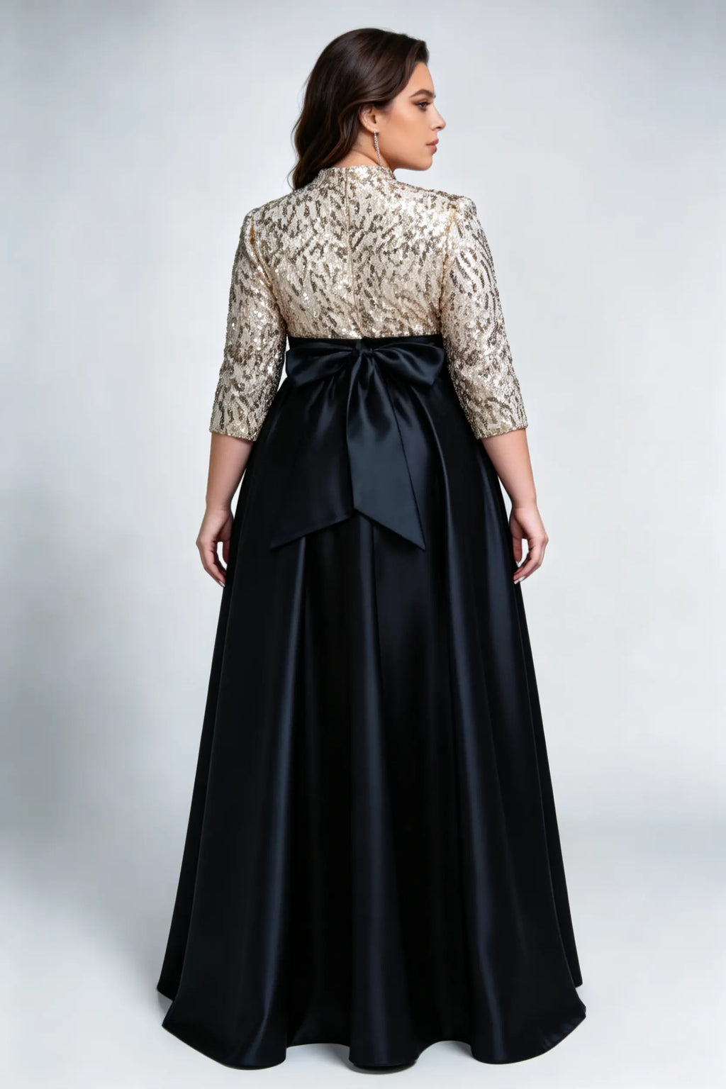 Plus Size Gold Sequin & Black Satin Evening Gown with High Neck & A-Line Skirt