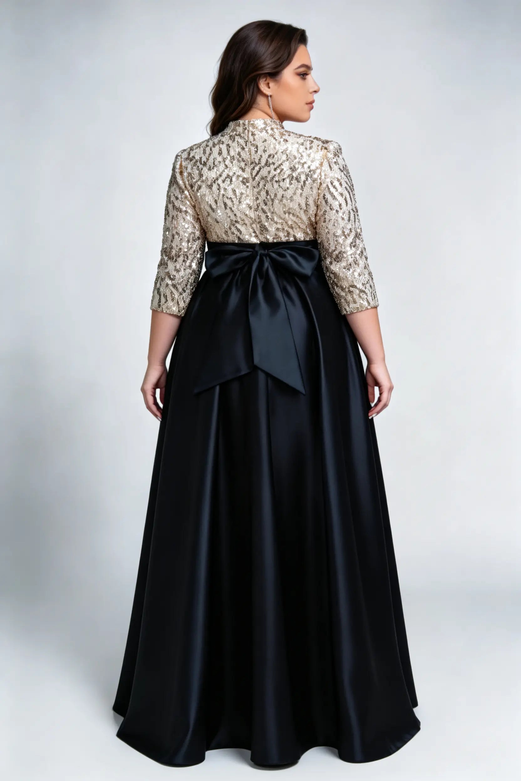 Plus Size Gold Sequin & Black Satin Evening Gown with High Neck & A-Line Skirt