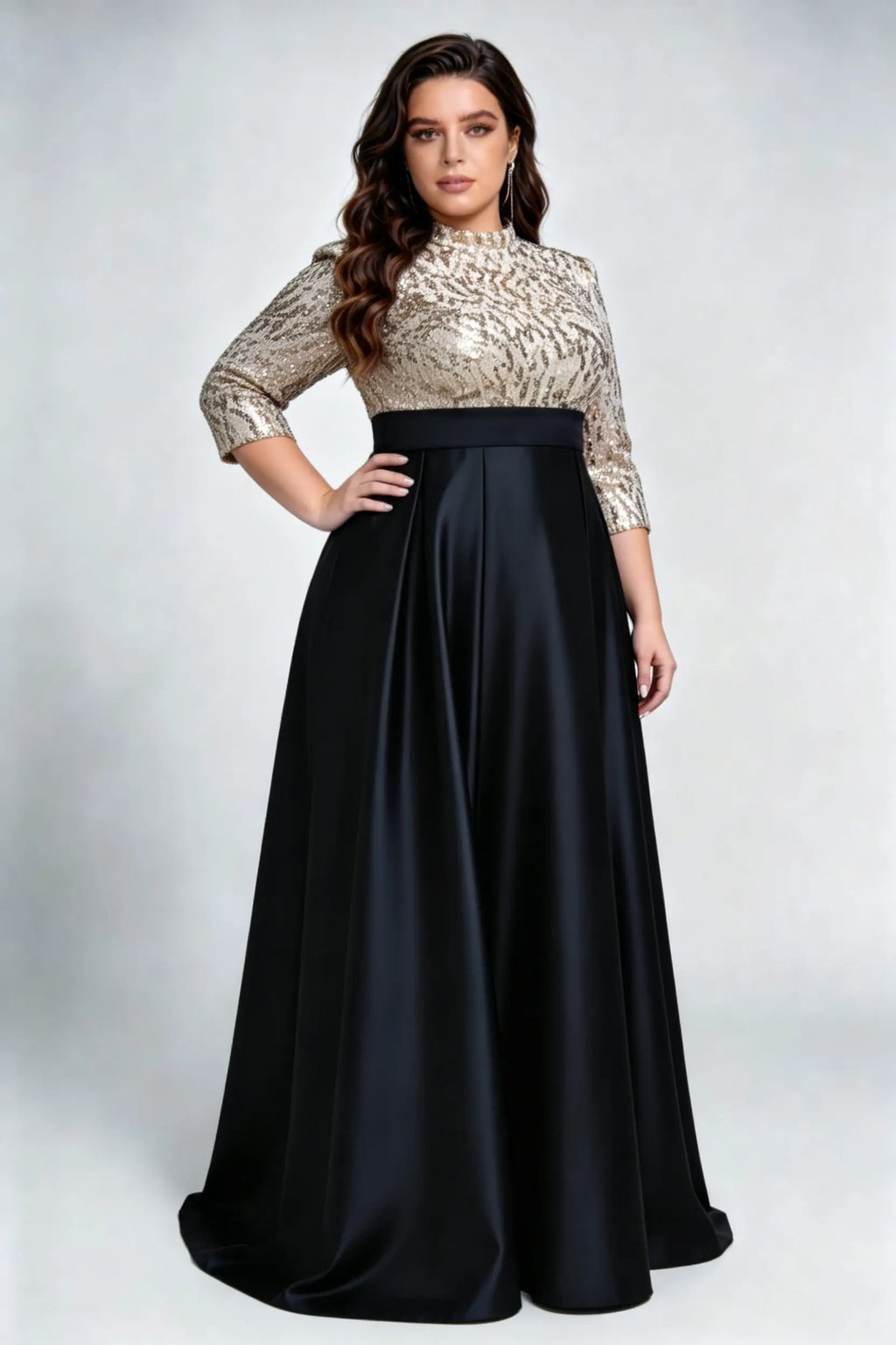 Plus Size Gold Sequin & Black Satin Evening Gown with High Neck & A-Line Skirt