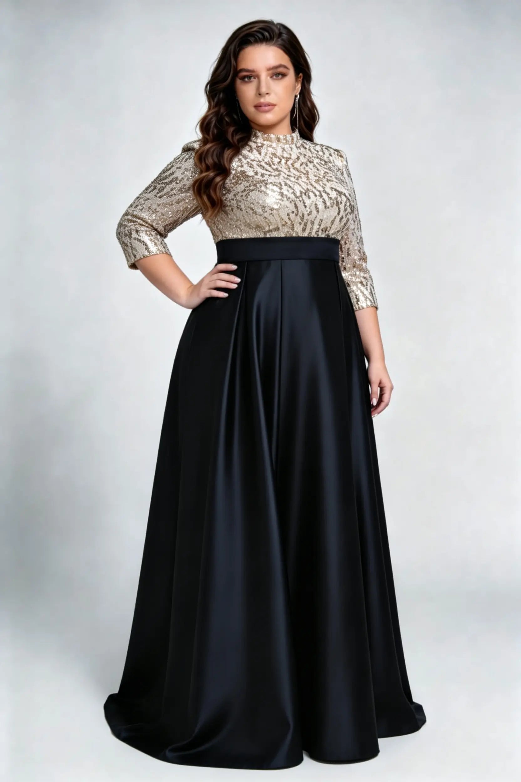 Plus Size Gold Sequin & Black Satin Evening Gown with High Neck & A-Line Skirt