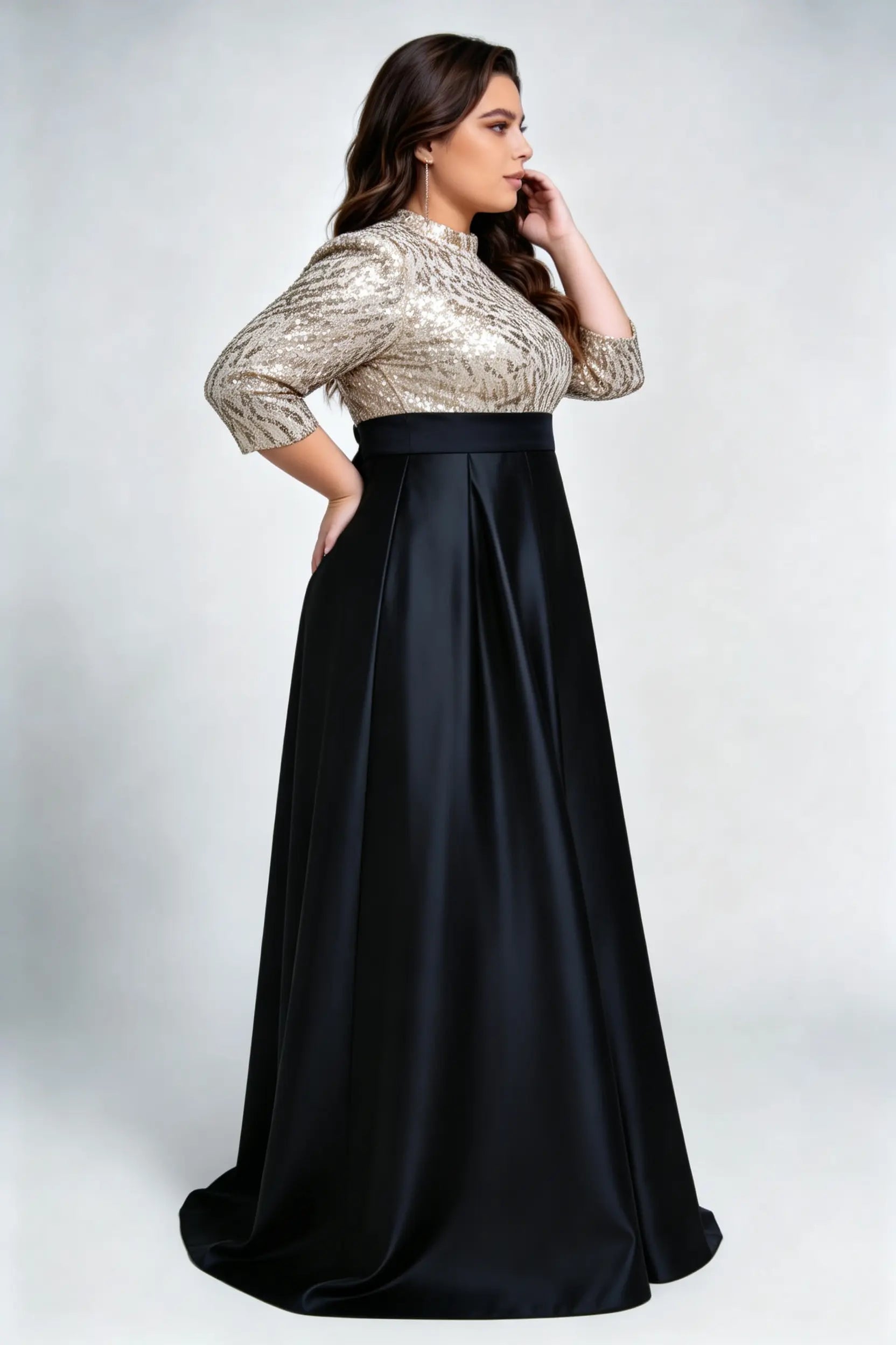 Plus Size Gold Sequin & Black Satin Evening Gown with High Neck & A-Line Skirt