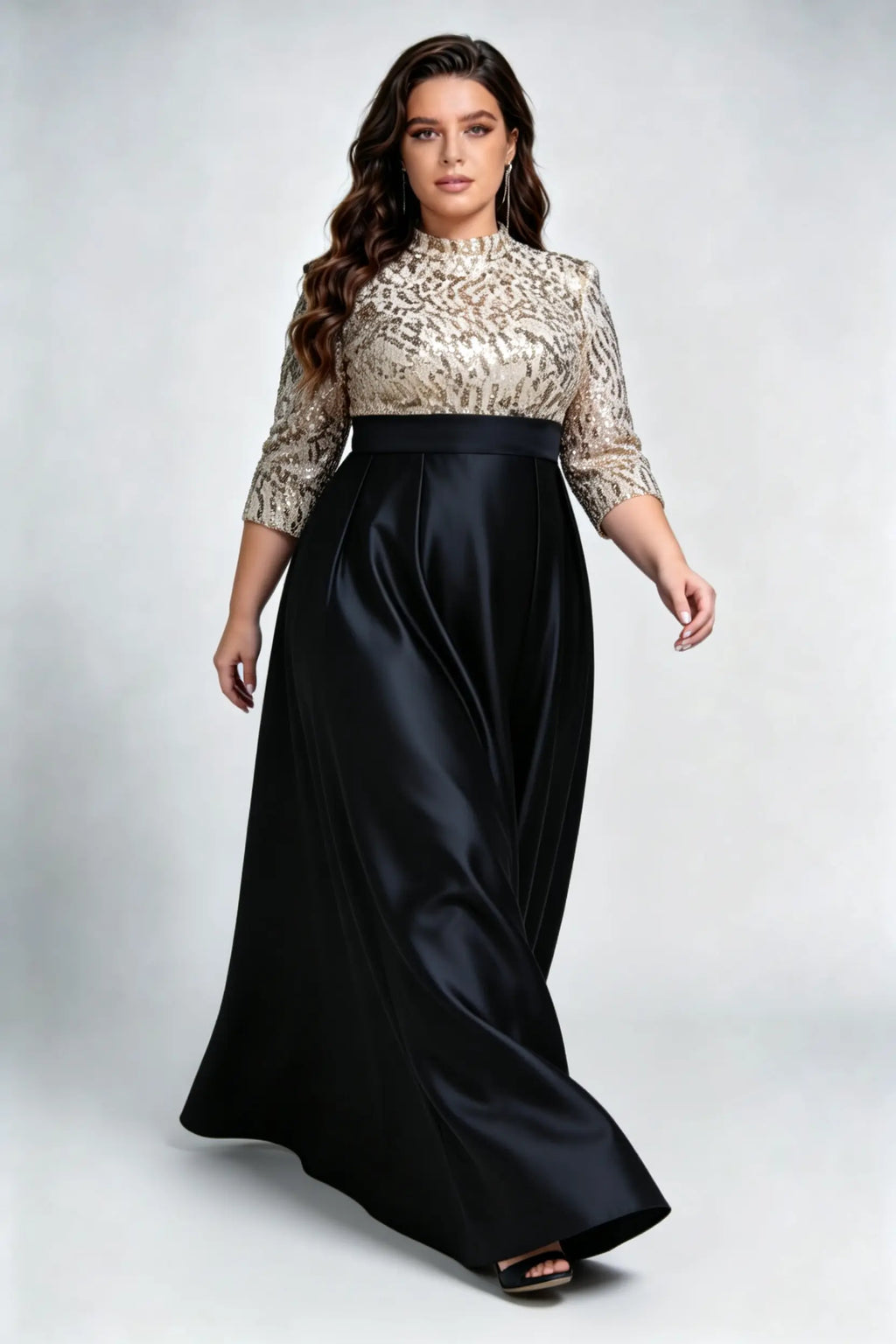 Plus Size Gold Sequin & Black Satin Evening Gown with High Neck & A-Line Skirt