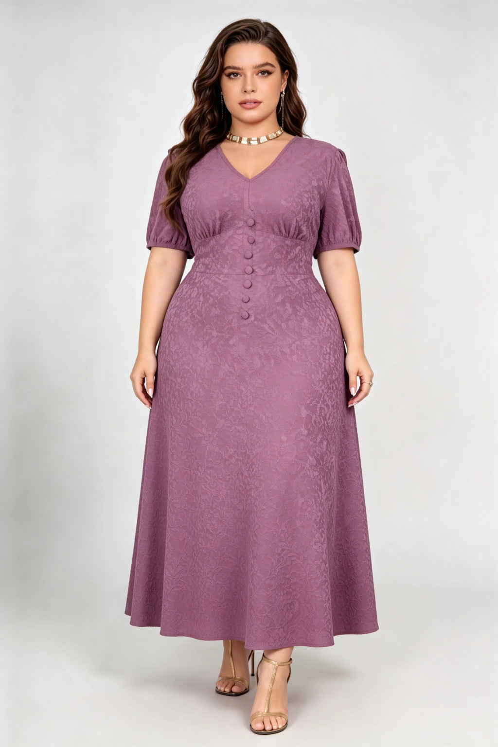 Plus Size Purple Jacquard Midi Dress with V-Neck, Puff Sleeves & Button Detail