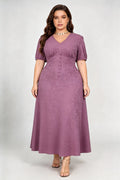 Plus Size Purple Jacquard Midi Dress with V-Neck, Puff Sleeves & Button Detail