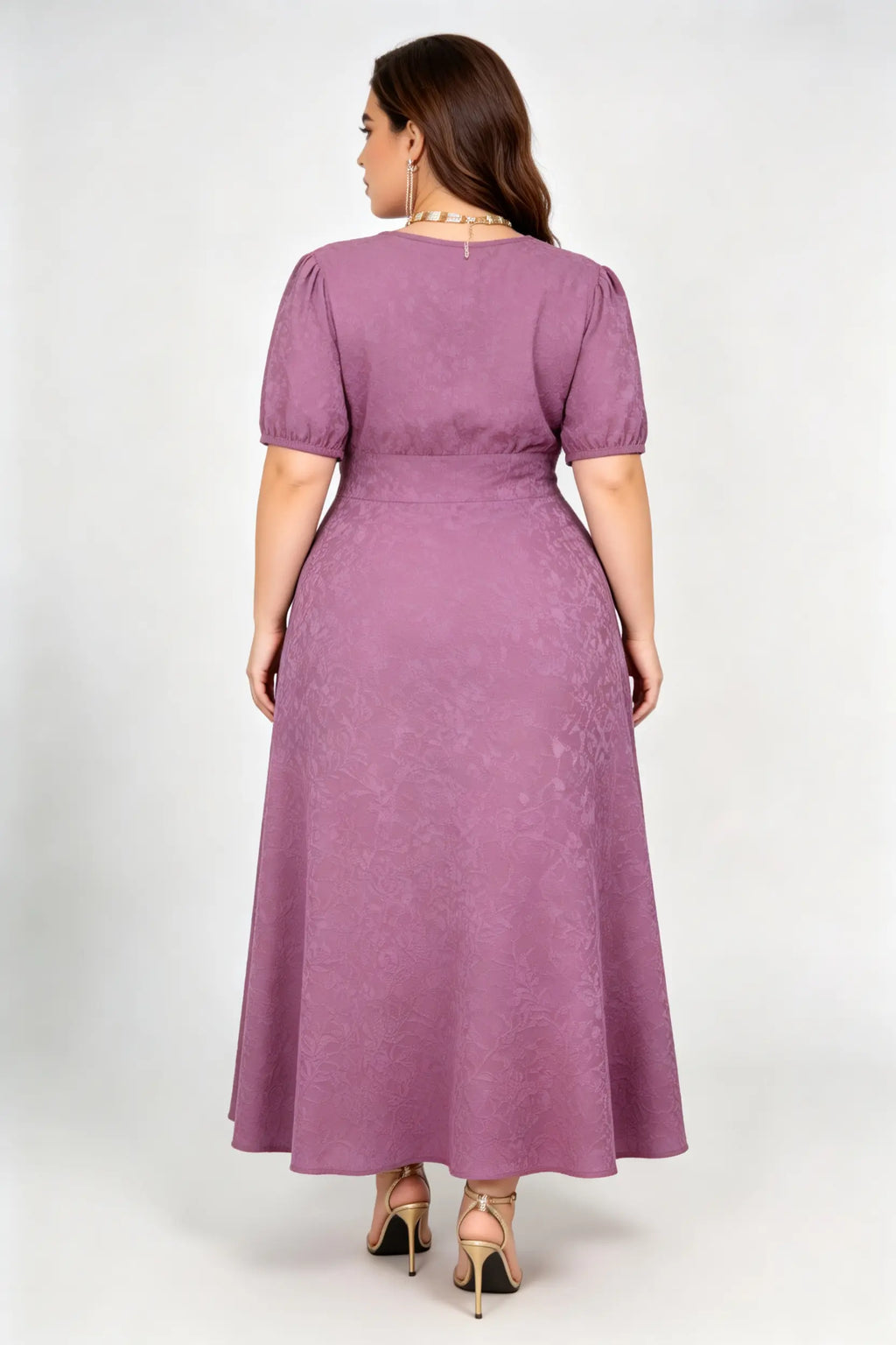 Plus Size Purple Jacquard Midi Dress with V-Neck, Puff Sleeves & Button Detail