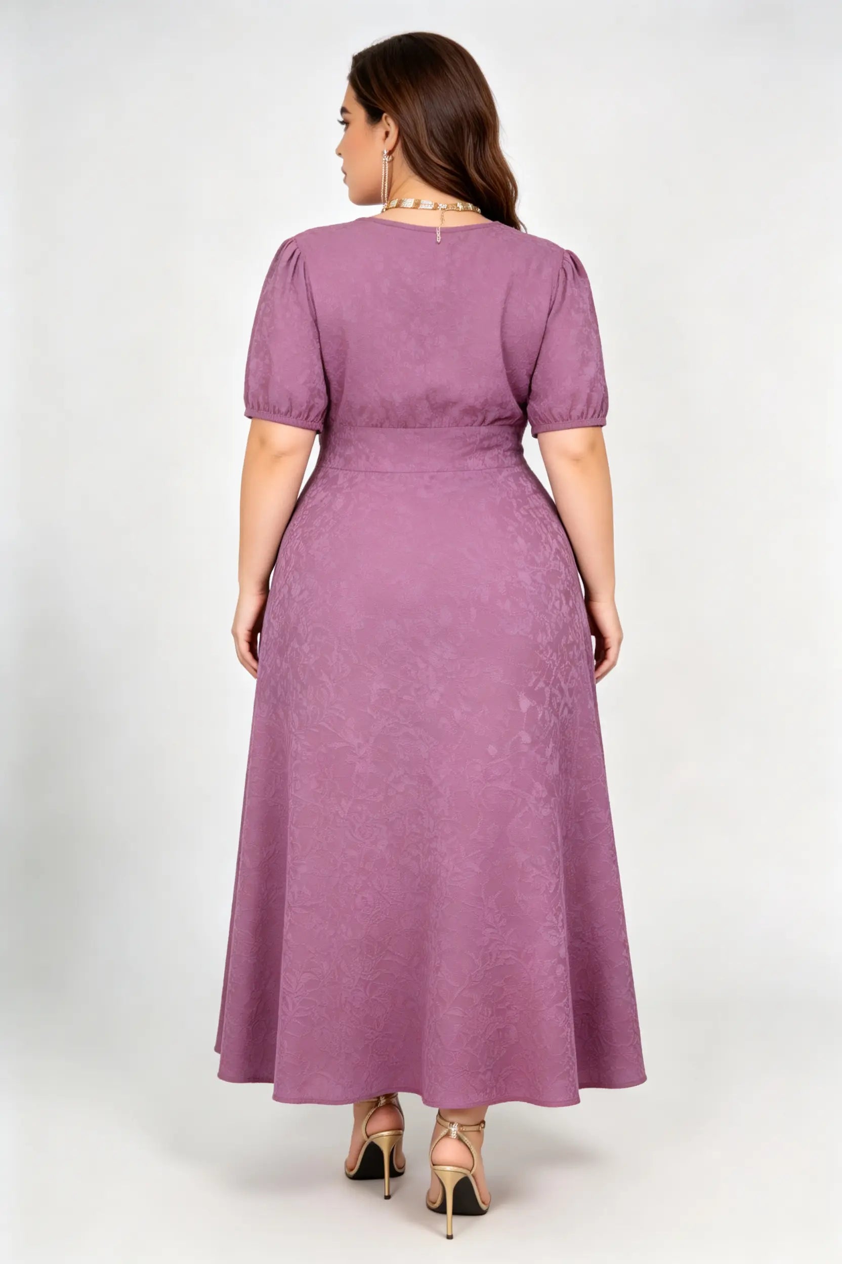 Plus Size Purple Jacquard Midi Dress with V-Neck, Puff Sleeves & Button Detail