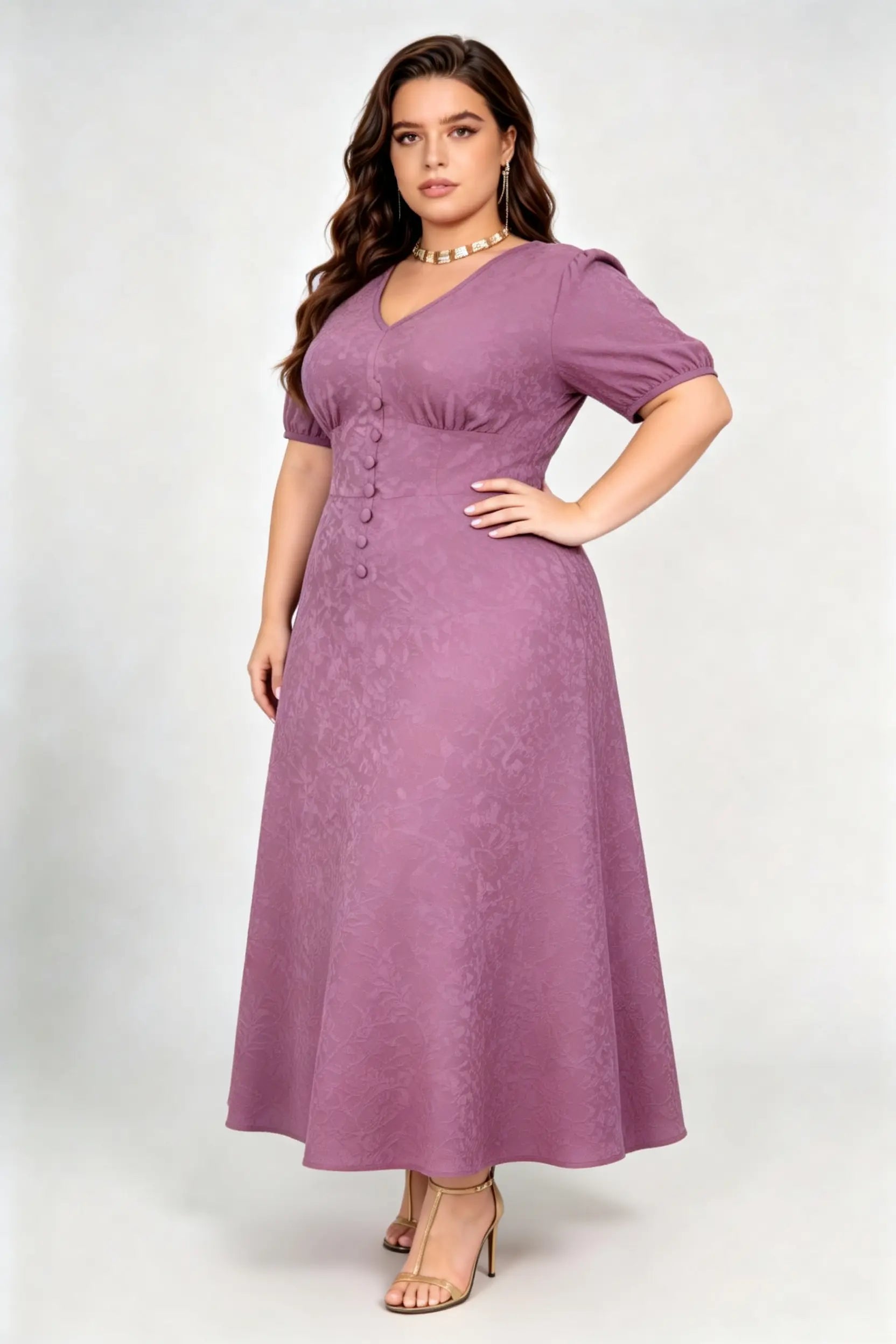 Plus Size Purple Jacquard Midi Dress with V-Neck, Puff Sleeves & Button Detail