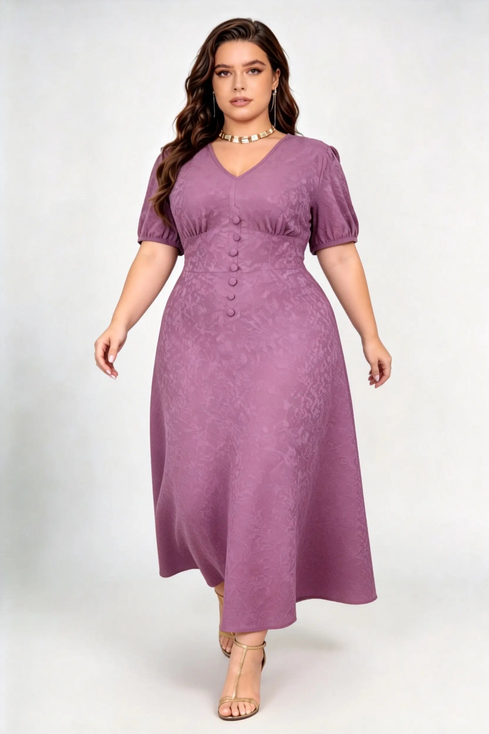 Plus Size Purple Jacquard Midi Dress with V-Neck, Puff Sleeves & Button Detail