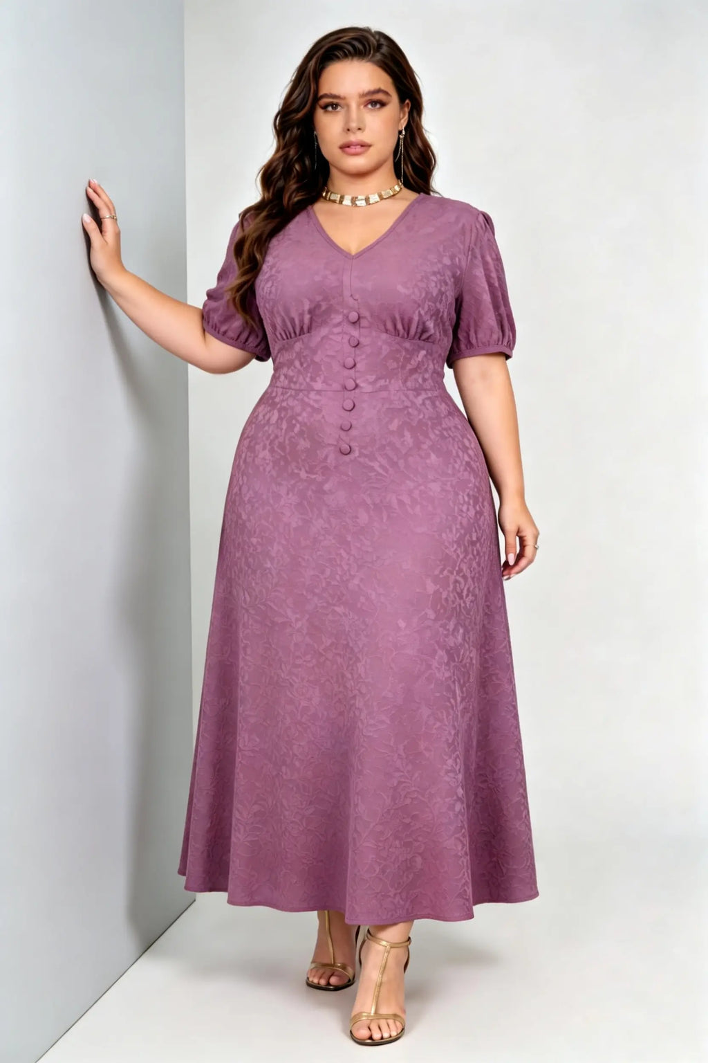 Plus Size Purple Jacquard Midi Dress with V-Neck, Puff Sleeves & Button Detail