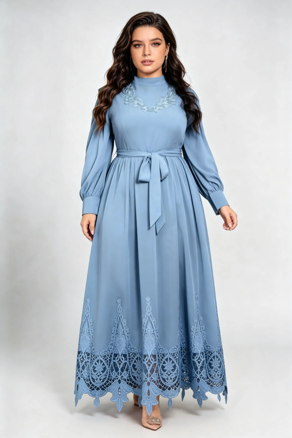 Plus Size Haze Blue Maxi Dress with High Neck, Lace Embroidery & Waist Tie