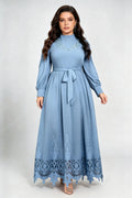 Plus Size Haze Blue Maxi Dress with High Neck, Lace Embroidery & Waist Tie