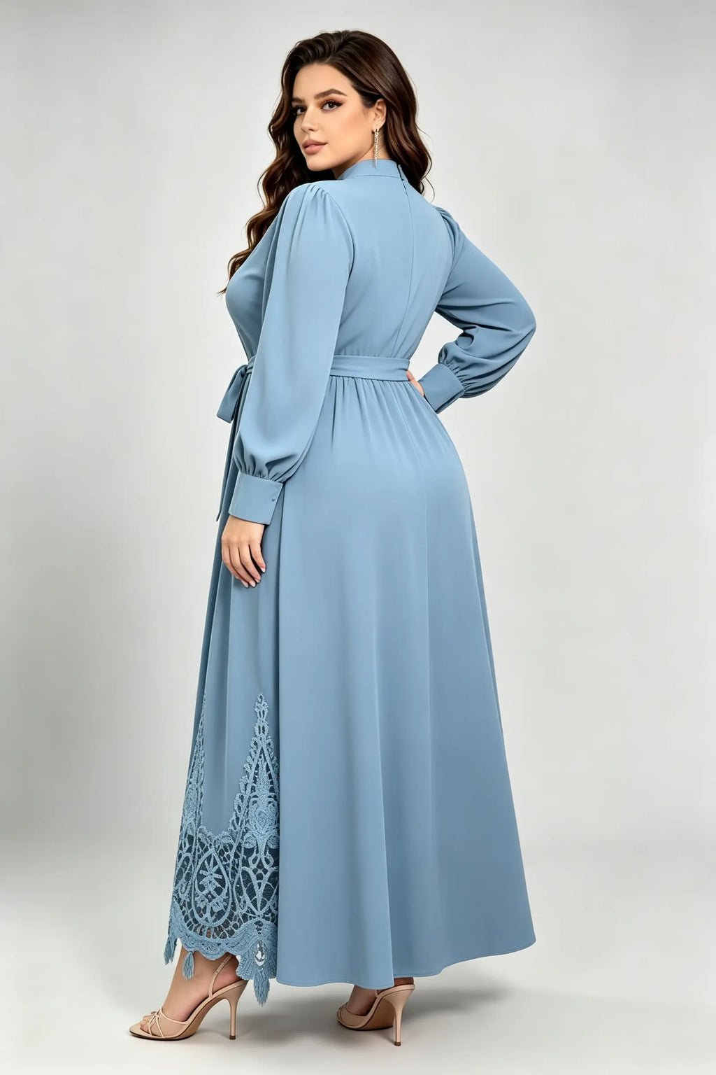 Plus Size Haze Blue Maxi Dress with High Neck, Lace Embroidery & Waist Tie