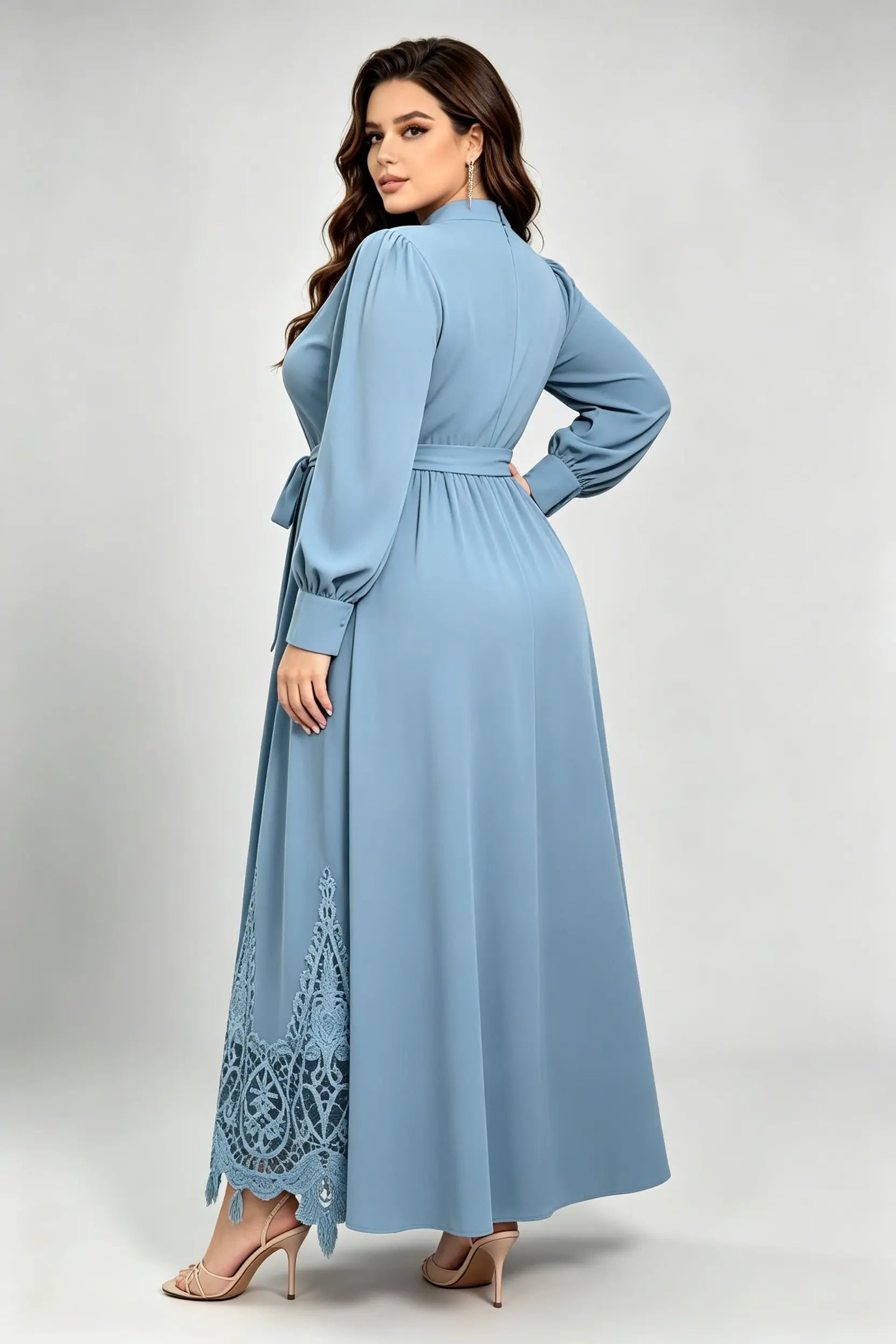 Plus Size Haze Blue Maxi Dress with High Neck, Lace Embroidery & Waist Tie