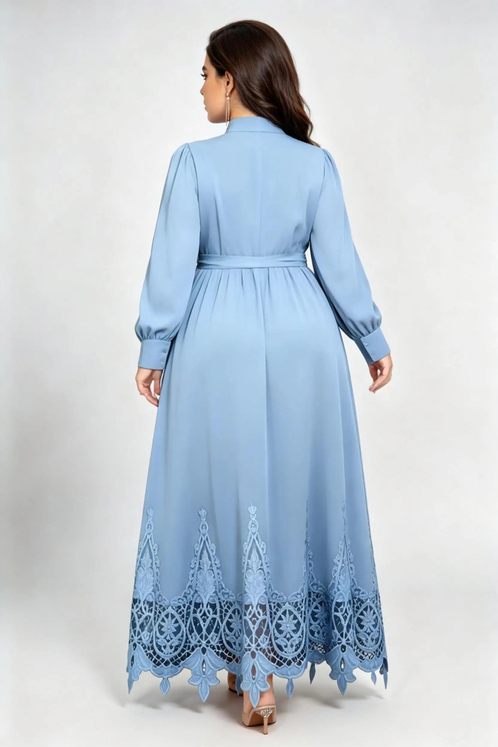 Plus Size Haze Blue Maxi Dress with High Neck, Lace Embroidery & Waist Tie