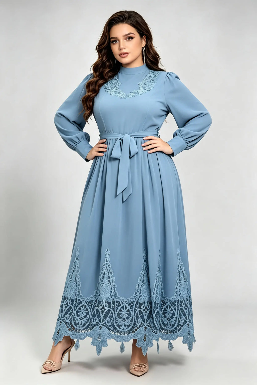 Plus Size Haze Blue Maxi Dress with High Neck, Lace Embroidery & Waist Tie