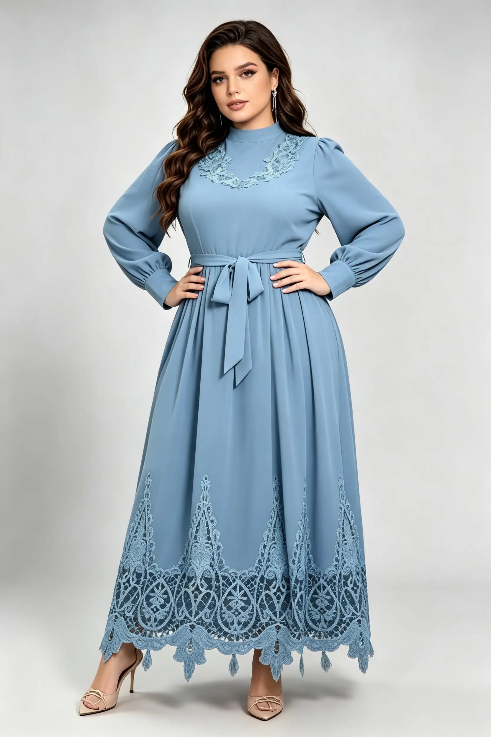 Plus Size Haze Blue Maxi Dress with High Neck, Lace Embroidery & Waist Tie