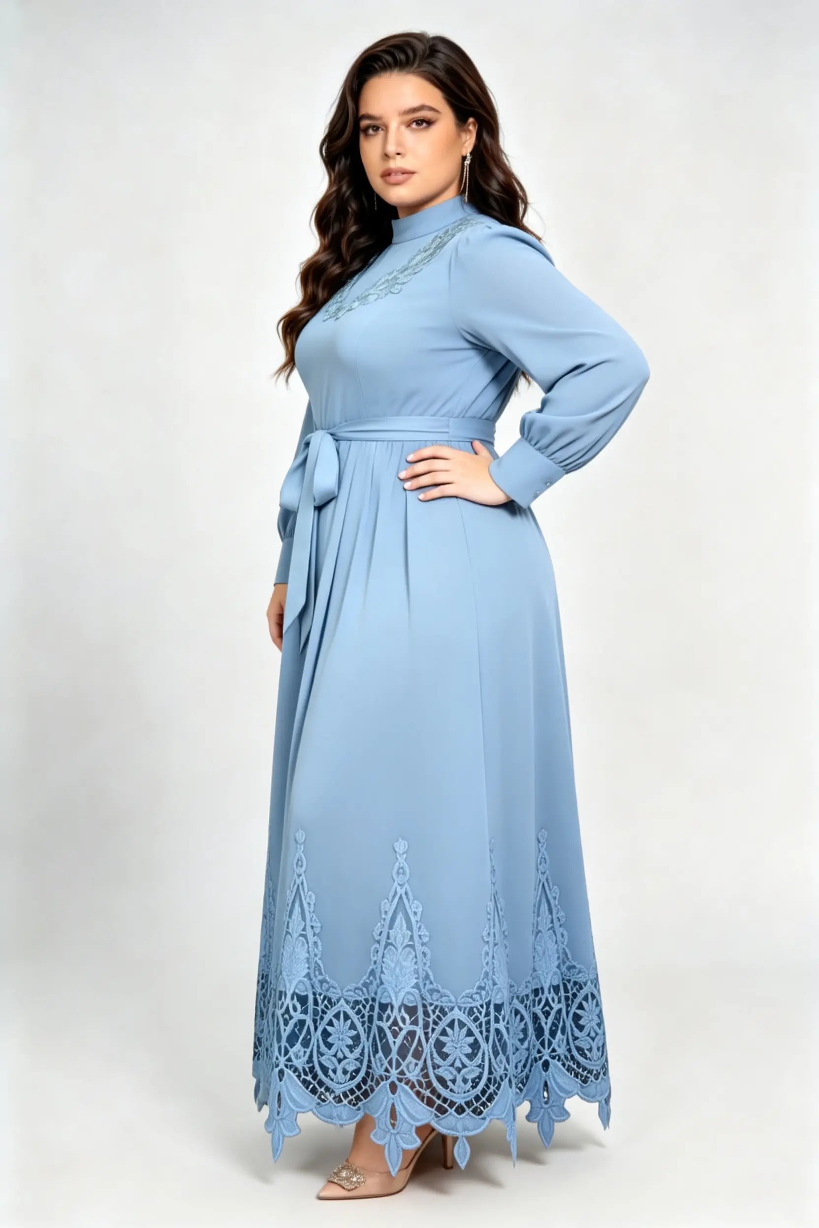 Plus Size Haze Blue Maxi Dress with High Neck, Lace Embroidery & Waist Tie