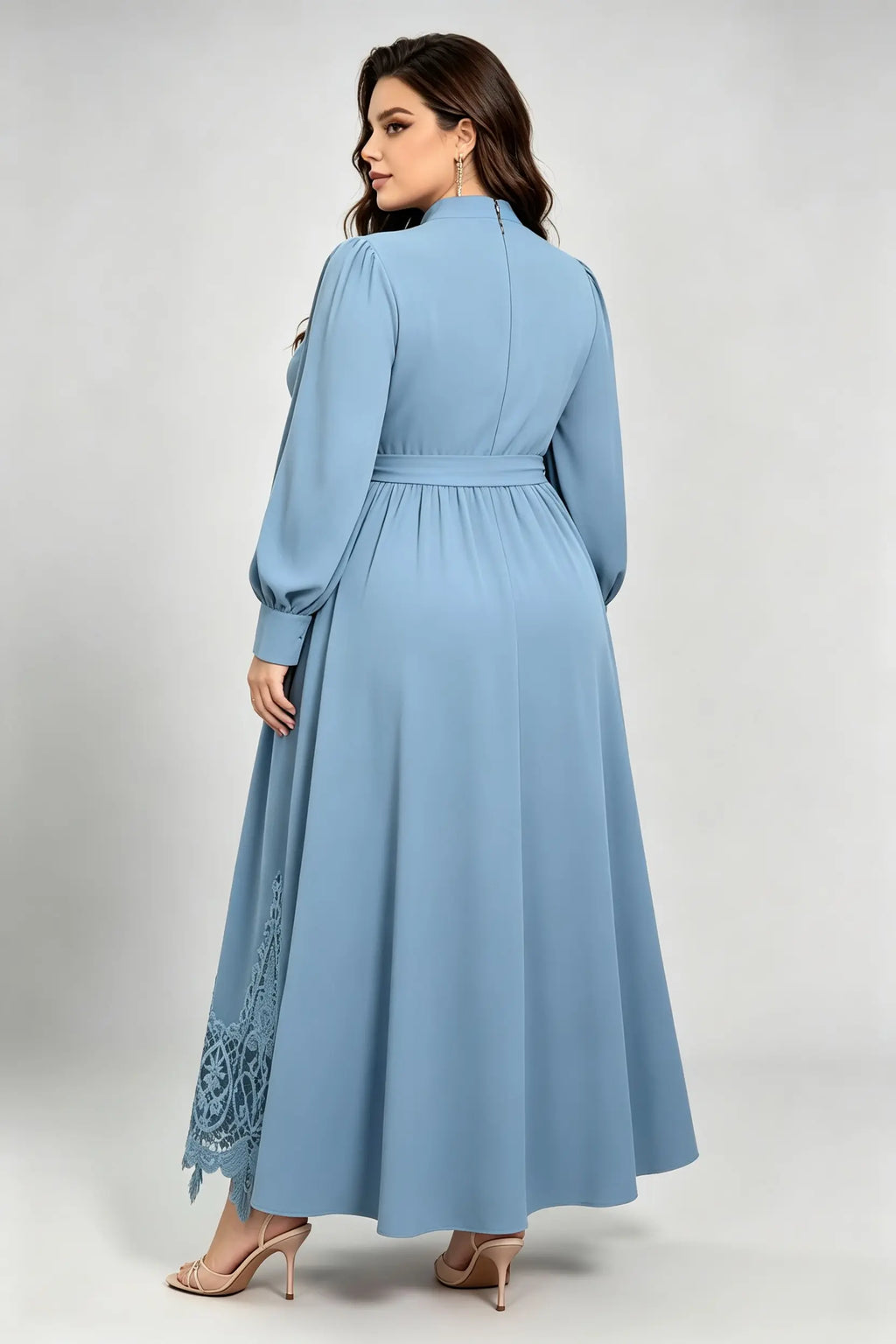 Plus Size Haze Blue Maxi Dress with High Neck, Lace Embroidery & Waist Tie