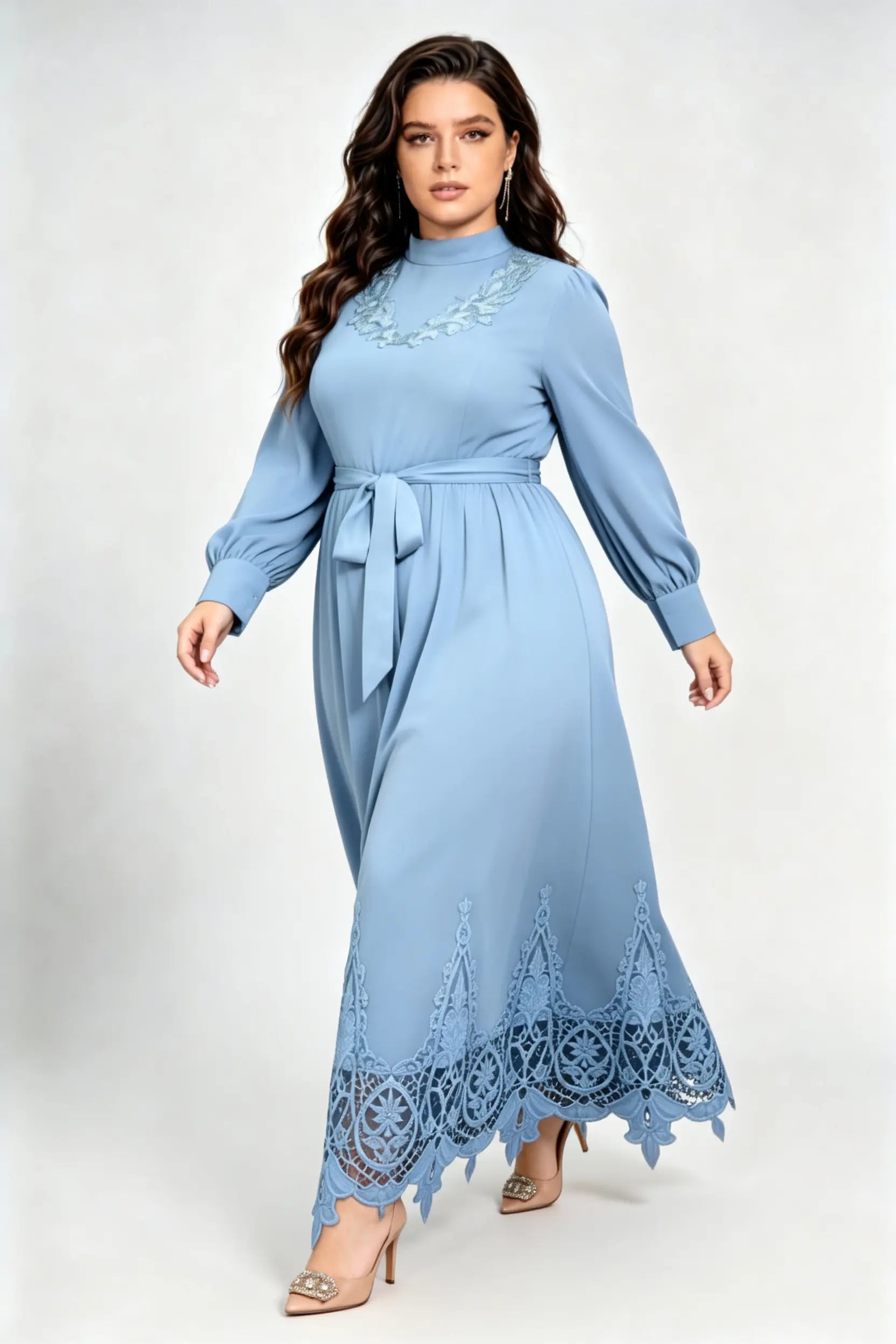 Plus Size Haze Blue Maxi Dress with High Neck, Lace Embroidery & Waist Tie