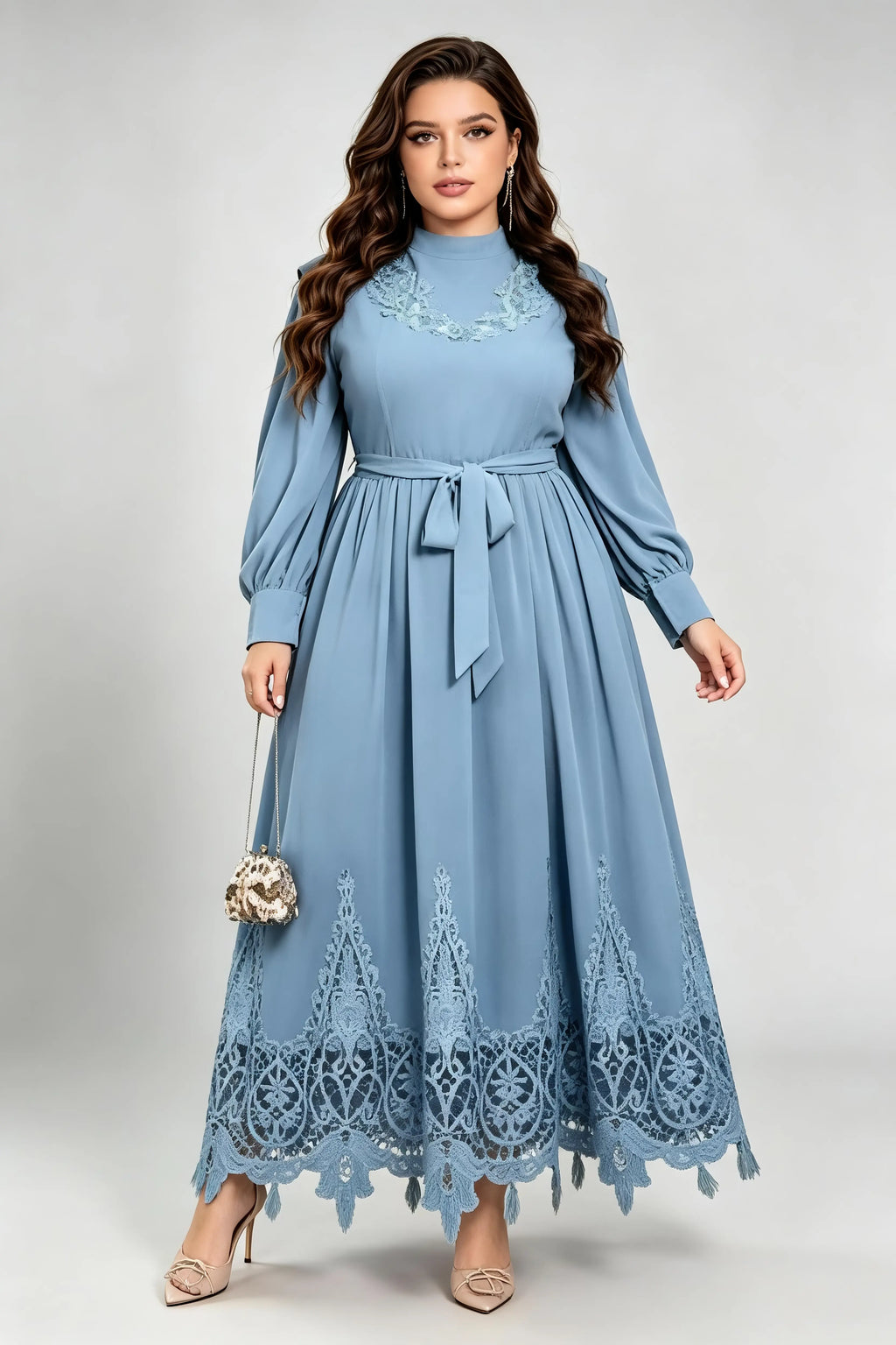 Plus Size Haze Blue Maxi Dress with High Neck, Lace Embroidery & Waist Tie