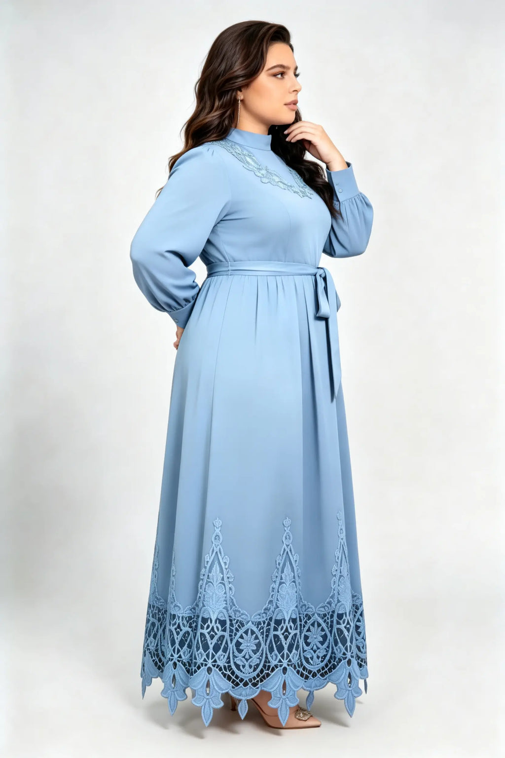 Plus Size Haze Blue Maxi Dress with High Neck, Lace Embroidery & Waist Tie