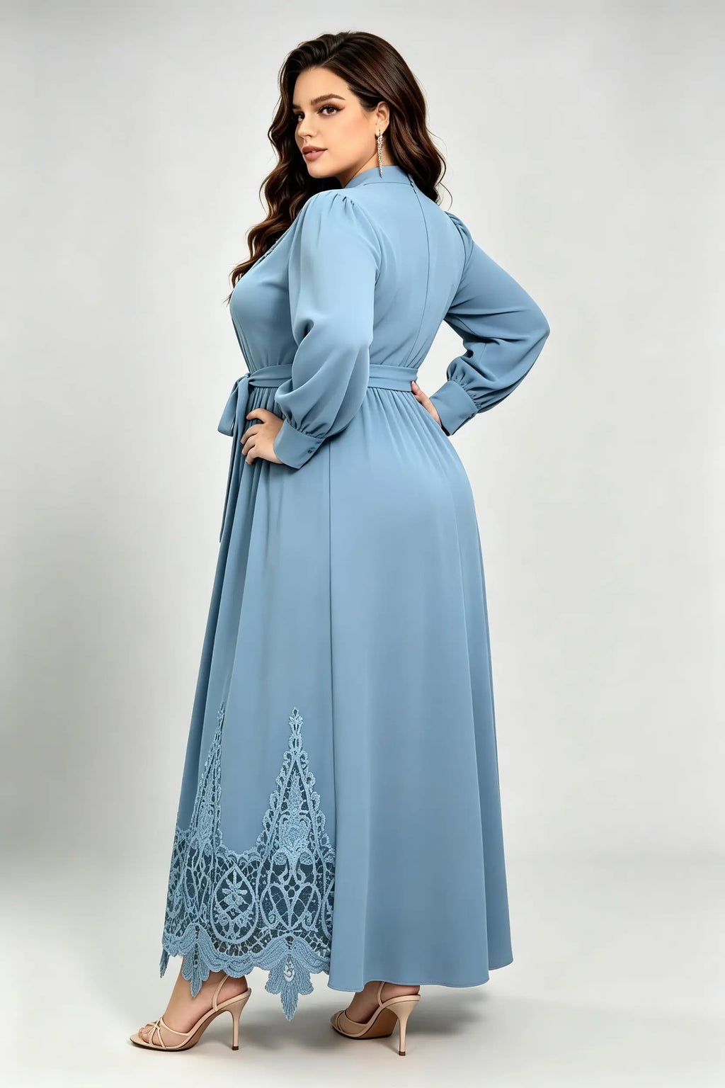 Plus Size Haze Blue Maxi Dress with High Neck, Lace Embroidery & Waist Tie