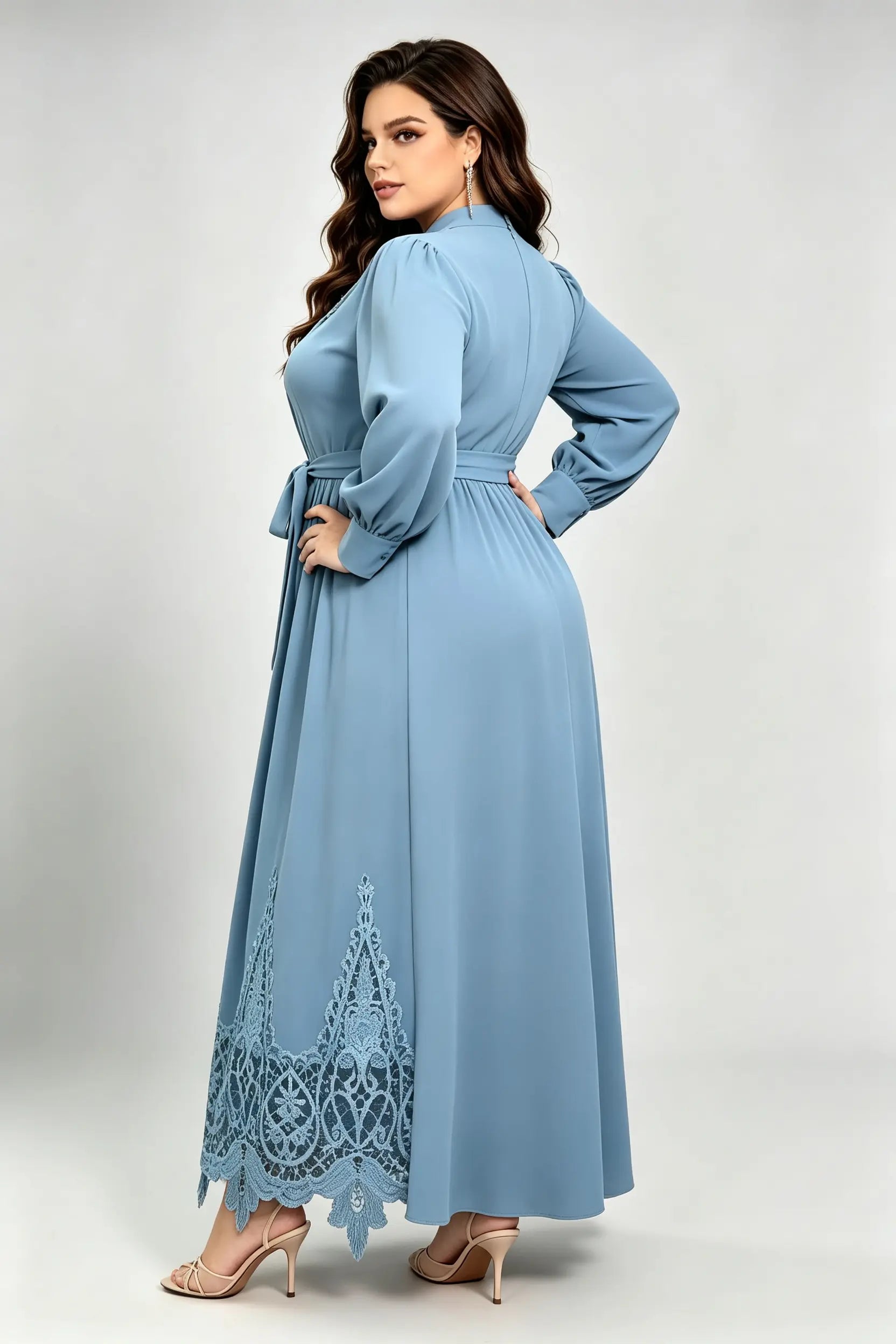 Plus Size Haze Blue Maxi Dress with High Neck, Lace Embroidery & Waist Tie