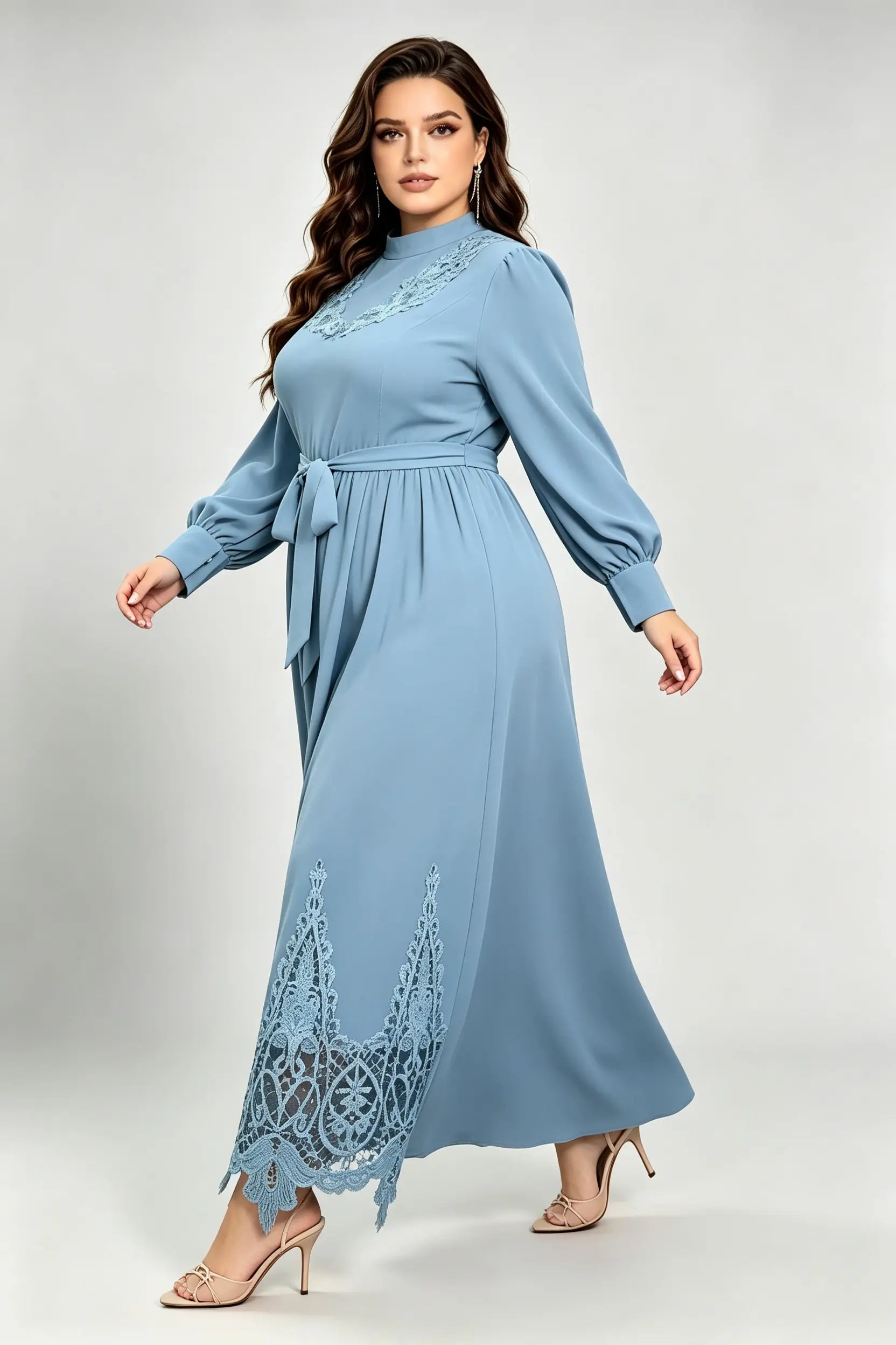 Plus Size Haze Blue Maxi Dress with High Neck, Lace Embroidery & Waist Tie