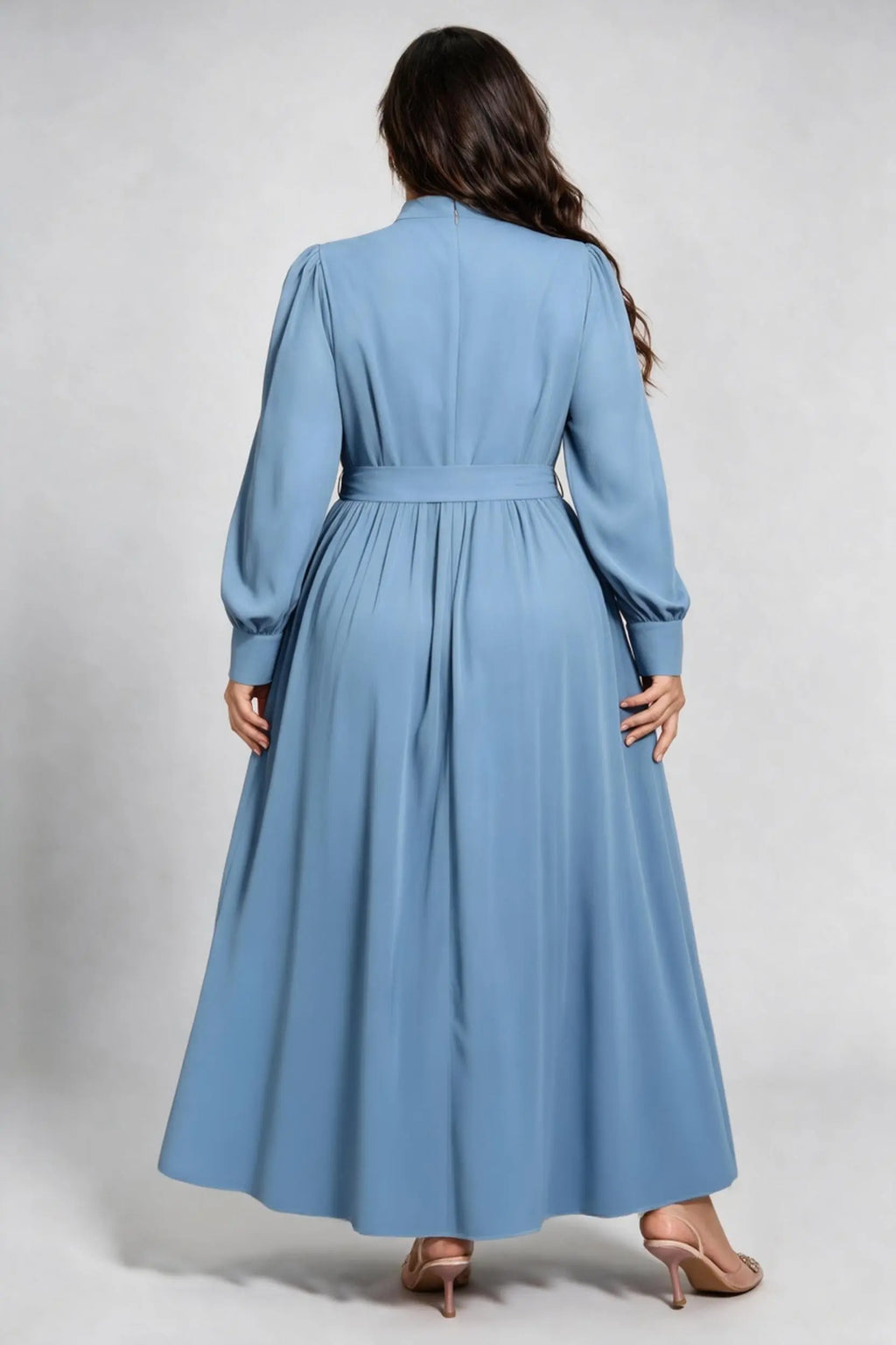 Plus Size Haze Blue Maxi Dress with High Neck, Lace Embroidery & Waist Tie