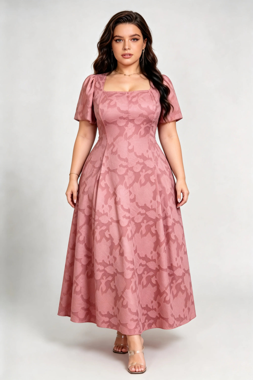 Plus Size Coral Pink Jacquard Maxi Dress with Square Neck & Puff Sleeves