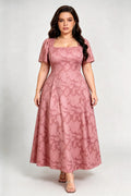 Plus Size Coral Pink Jacquard Maxi Dress with Square Neck & Puff Sleeves