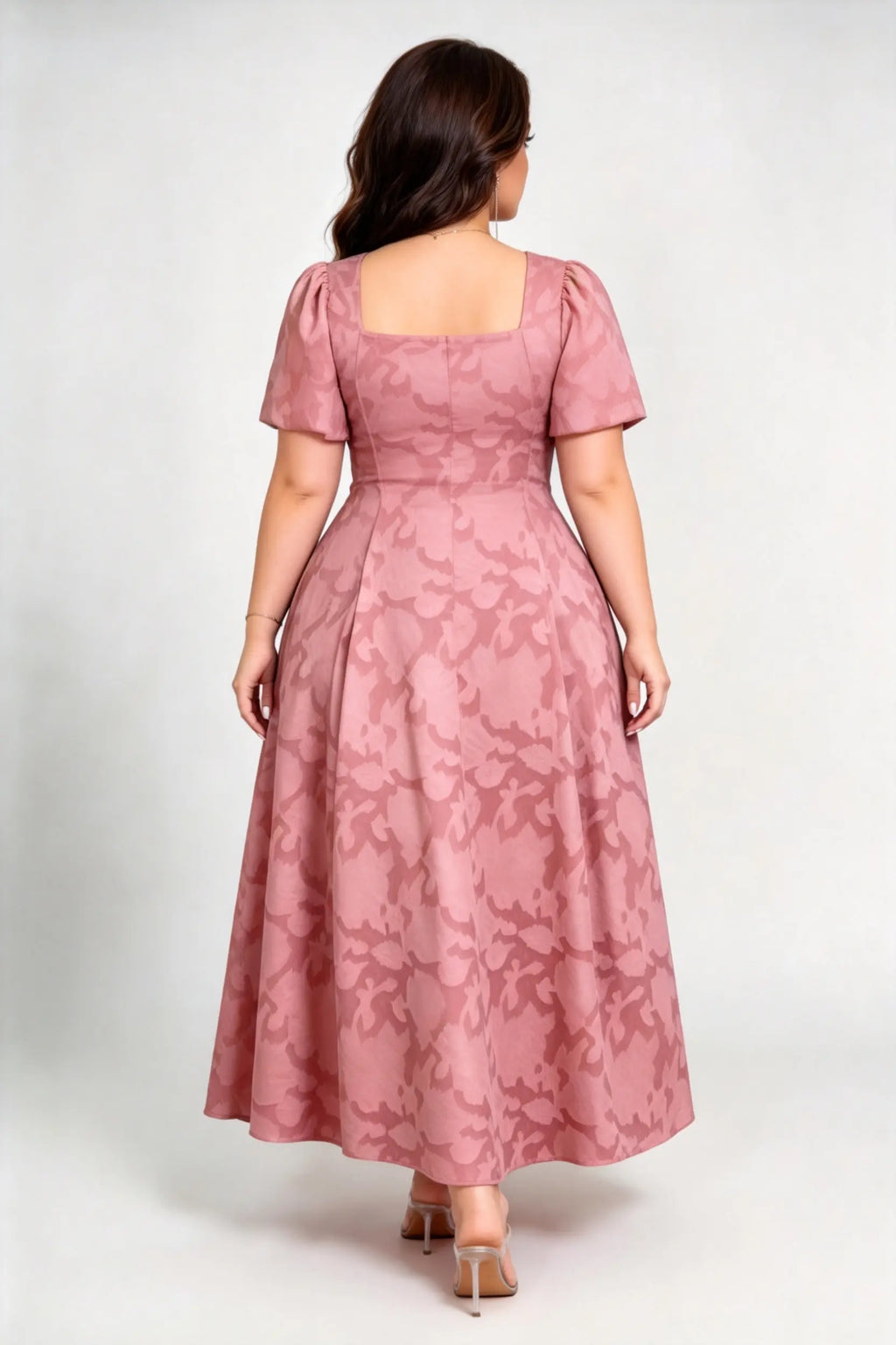Plus Size Coral Pink Jacquard Maxi Dress with Square Neck & Puff Sleeves